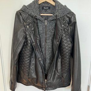 Mo-ka Meriam Women’s Faux Leather Jacket with Knit Hoodie in Dark Grey - Size L
